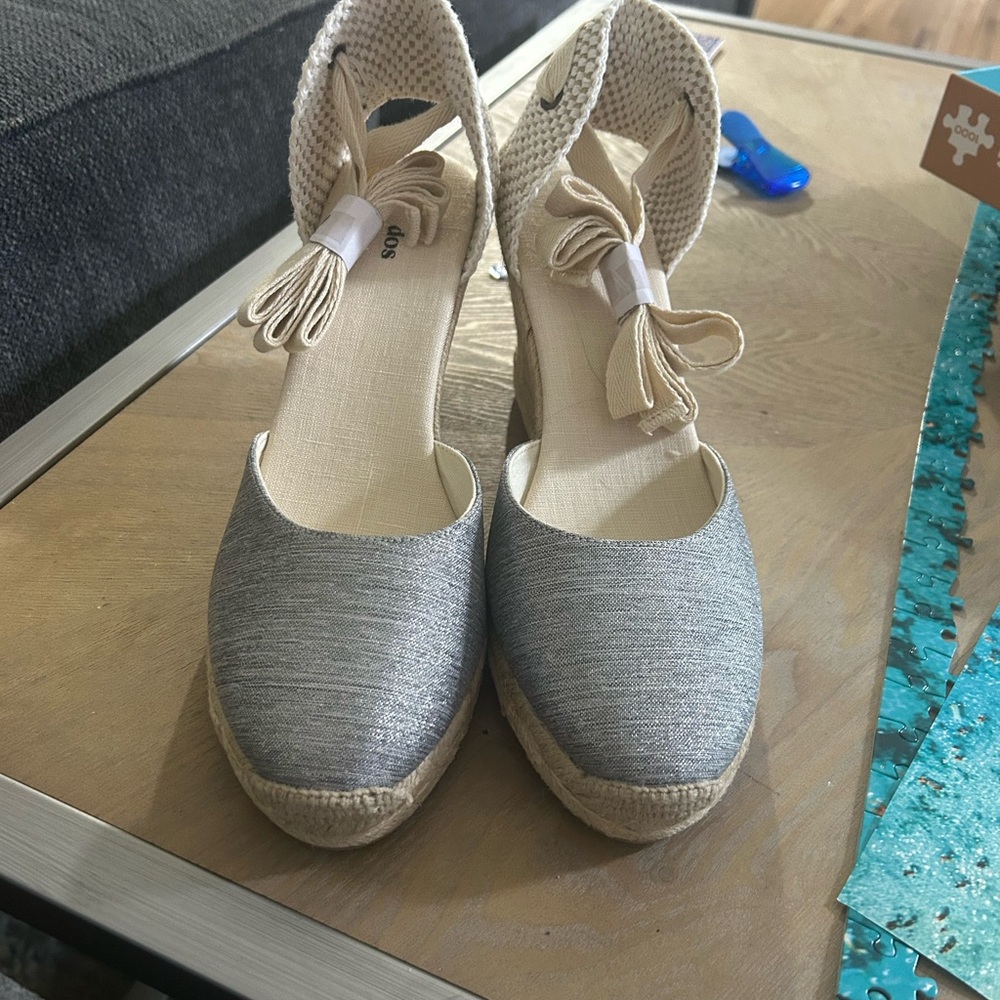 Soludos Gray Espadrille Wedges with Ankle Ties